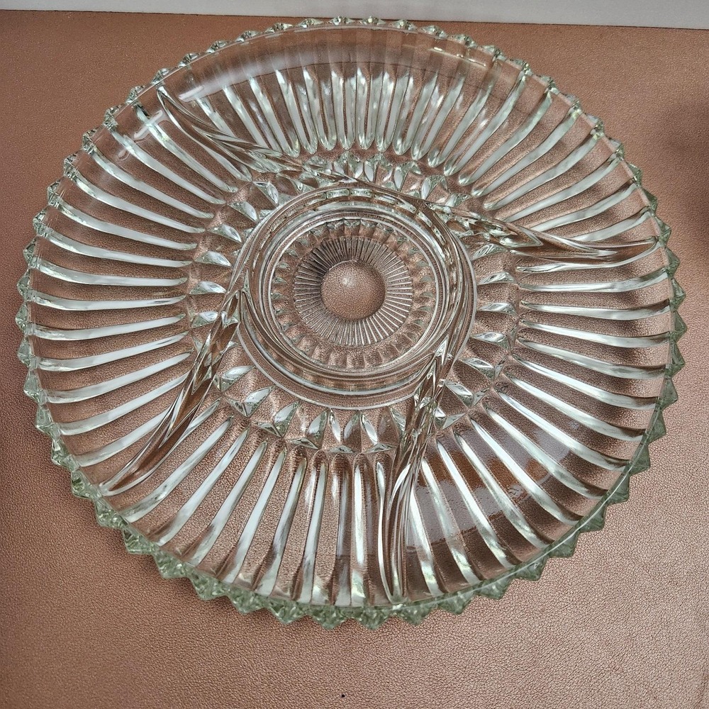 Vintage Indiana Glass Large 5~Section Divided Tray Plate Clear w Sawtooth Edge